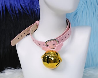Furry Cosplay Heart Cutout Leather Collar Wing Charm Bell Adjustable Petplay Choker Six Colors Gold Silver Bell Options Handmade Gift