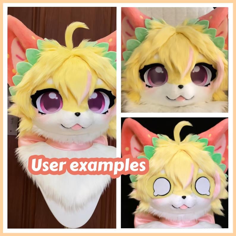 May include: A plush animal head mask featuring bright yellow fur, large purple eyes with black lashes, and pink inner ears. The design includes green leaf-like accents around the head, a white muzzle, and a small pink tongue visible at the mouth.