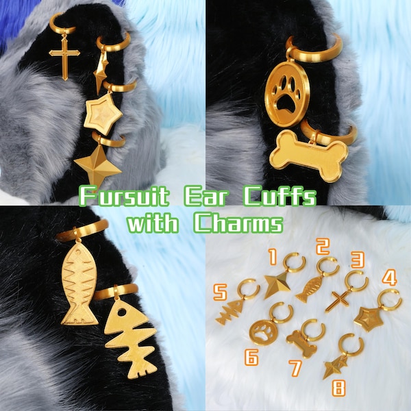 Fursuit Ear Cuffs with Charms 3D Printed Animal Ear Jewelry Custom Color Options 8 Design Styles Cosplay Furry Accessory for Costume Builds
