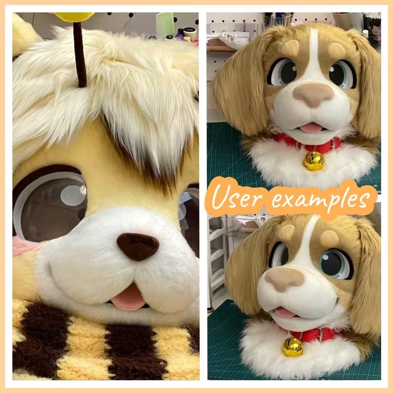 May include: A plush dog mascot head featuring cream and tan faux fur, large expressive eyes, a dark brown nose, and an open mouth with a pink tongue. The head includes a red collar with a gold bell and a small antenna-like stem on top.