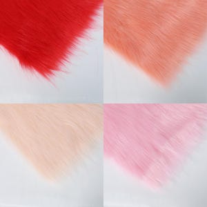 May include: A collage of four sections of faux fur in vibrant colors. The top left is a bright red, the top right is a soft peach, the bottom left is a pale peach, and the bottom right is a vibrant pink. The fur has a long, soft pile.