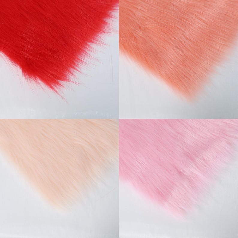 May include: A collage of four sections of faux fur in vibrant colors. The top left is a bright red, the top right is a soft peach, the bottom left is a pale peach, and the bottom right is a vibrant pink. The fur has a long, soft pile.