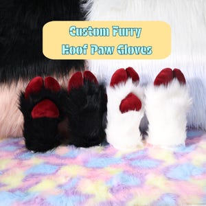 May include: Custom furry hoof paw gloves in black and white with red accents. The gloves are made of soft, fluffy material and are designed to resemble animal paws. The text "Custom Furry Hoof Paw Gloves" is displayed in a yellow rectangle.