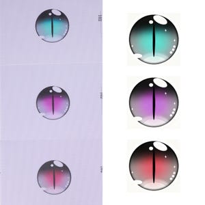 May include: A collection of three pairs of fantasy eye designs. The eyes are round with a black outer rim and a vertical slit pupil. The colors include teal, purple, and red, each with white highlights.