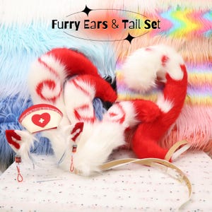 Nurse Cat Cosplay Ears Tail Set Handmade Furry Headband Single Triple Posable Tail IV Drop Earrings Cute Costume Accessory for Anime Outfit