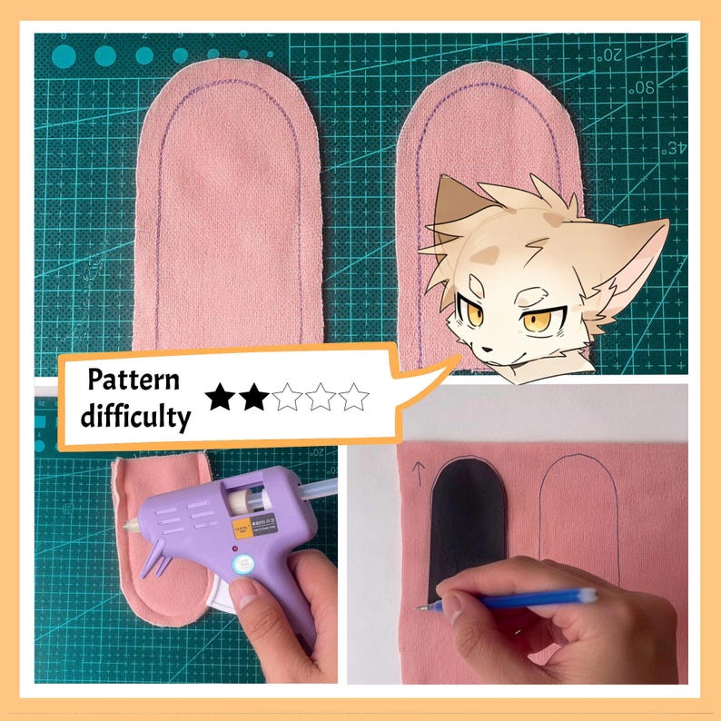 May include: A craft tutorial showing two pink fabric pieces with purple stitching, a cartoon cat illustration, a speech bubble with the text Pattern difficulty and two filled stars, a purple glue gun, and a hand tracing a pattern on pink fabric.