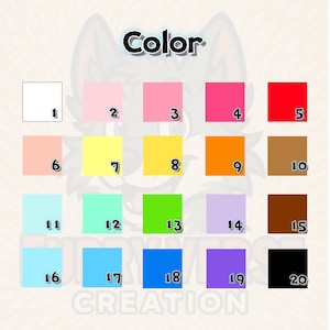 May include: A color chart with twenty numbered squares in various colors, including white, pink, red, yellow, orange, brown, blue, green, purple, and black. The word "Color" is at the top, and the word "CREATION" is at the bottom.