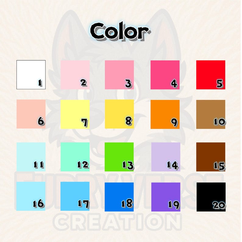 May include: A color chart with twenty numbered squares in various colors, including white, pink, red, yellow, orange, brown, blue, green, purple, and black. The word "Color" is at the top, and the word "CREATION" is at the bottom.