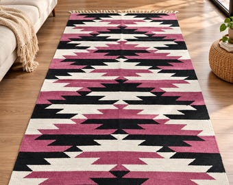 Pink Aztec Kilim Rug 3x5 ft, Handwoven Cotton Dhurrie, Boho Southwestern Area Rug with Tassels, Black Ivory Geometric Flatweave Rug