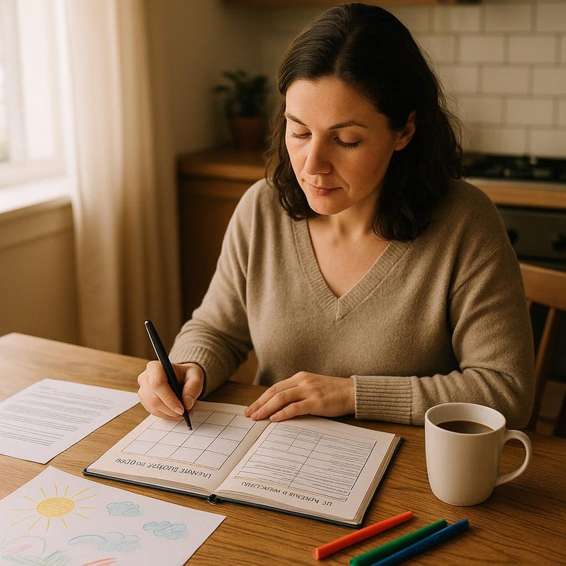 Pu&ograve; includere: Una persona scrive su un'agenda su un tavolo di legno. L'agenda &egrave; aperta su un layout a griglia. Una tazza di caff&egrave;, pastelli e un disegno di un sole sono anche sul tavolo. La persona indossa un maglione beige.