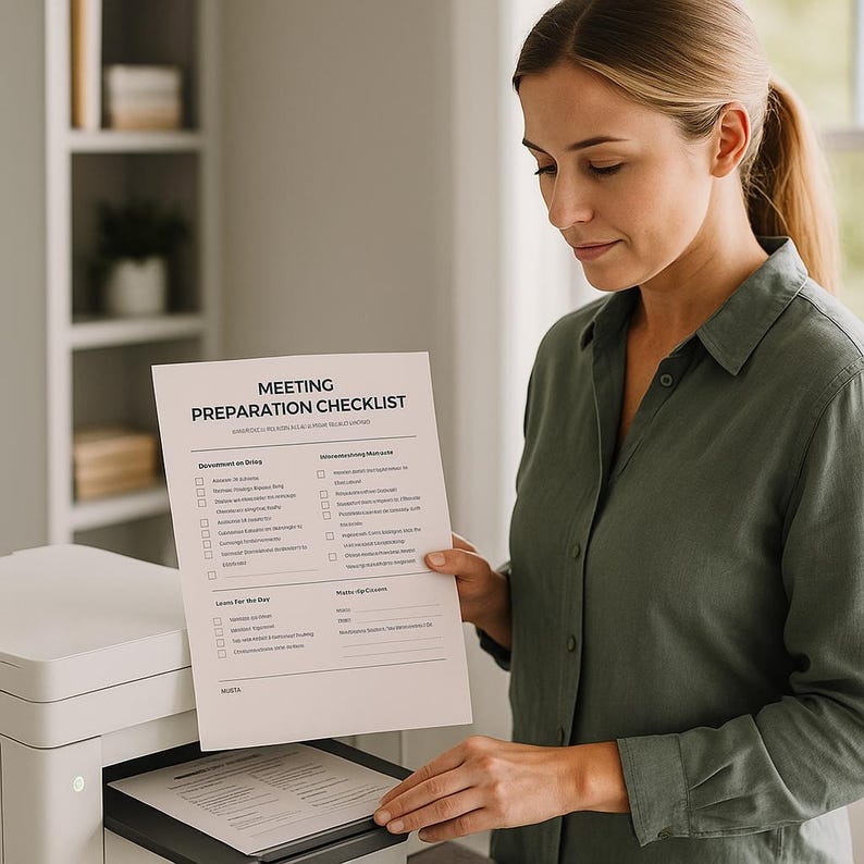 May include: A woman holding a printed "MEETING PREPARATION CHECKLIST" document. The document is being printed from a white printer. The checklist includes sections for "Documents on Bring", "Interesting Meeting Mate", "Leave for the Day", and "Make-Up Count".
