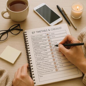 Pu&ograve; includere: Un quaderno aperto con il titolo "IEP TIMETABLE & CHECKLIST" &egrave; su una superficie di legno. Una persona scrive con una penna nera. Altri oggetti includono una tazza di t&egrave;, uno smartphone, occhiali, una candela e penne.