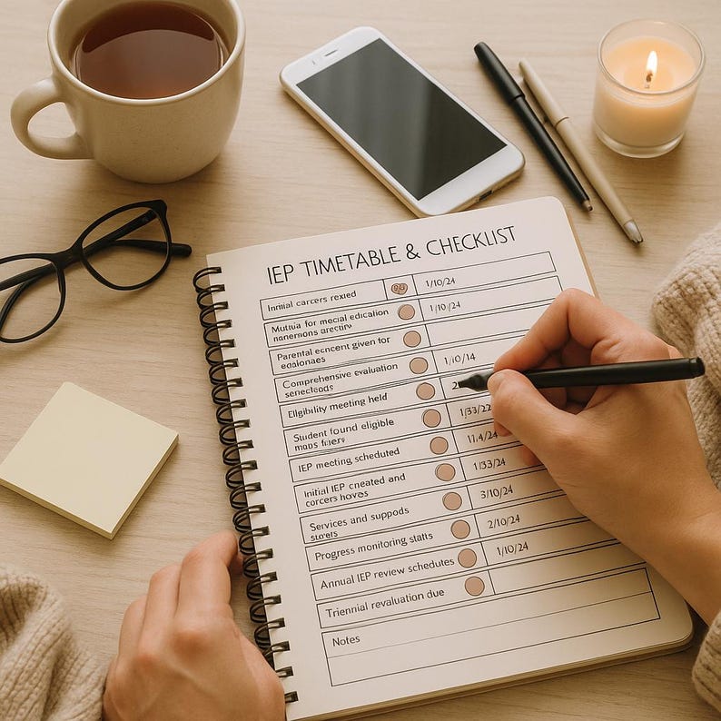 Pu&ograve; includere: Un quaderno aperto con il titolo "IEP TIMETABLE & CHECKLIST" &egrave; su una superficie di legno. Una persona scrive con una penna nera. Altri oggetti includono una tazza di t&egrave;, uno smartphone, occhiali, una candela e penne.