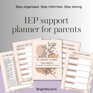 Pu&ograve; includere: Una collezione di pianificatori di supporto IEP beige per genitori, con disegni floreali e il testo "IEP support planner for parents". I pianificatori includono sezioni per orari, panoramiche e revisioni.