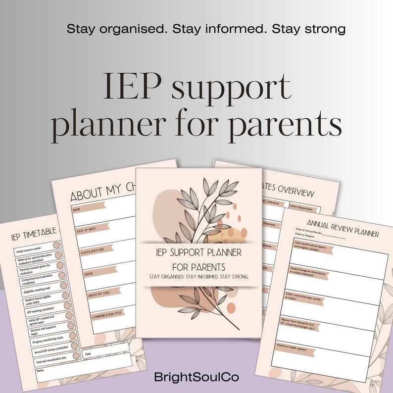 Pu&ograve; includere: Una collezione di pianificatori di supporto IEP beige per genitori, con disegni floreali e il testo "IEP support planner for parents". I pianificatori includono sezioni per orari, panoramiche e revisioni.