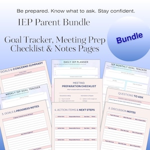 May include: A set of printable IEP (Individualised Education Programme) planning pages. The bundle includes a goal tracker, meeting prep checklist, and notes pages. The pages are in shades of pink, blue, and white, with text such as "Goals & Concerns Summary" and "Daily IEP Planner".