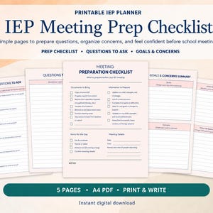 May include: A printable IEP planner featuring a Meeting Prep Checklist with five pages. The documents include sections for questions to ask, goals, concerns, and meeting details, all printed in dark blue text on a light pink background.