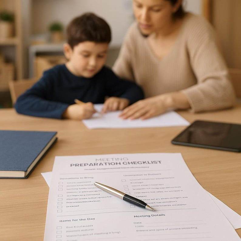 May include: A black and silver pen rests on a white "MEETING PREPARATION CHECKLIST" form. A blue book and a tablet are also on the wooden table. A person and a child are in the background, working on a paper.