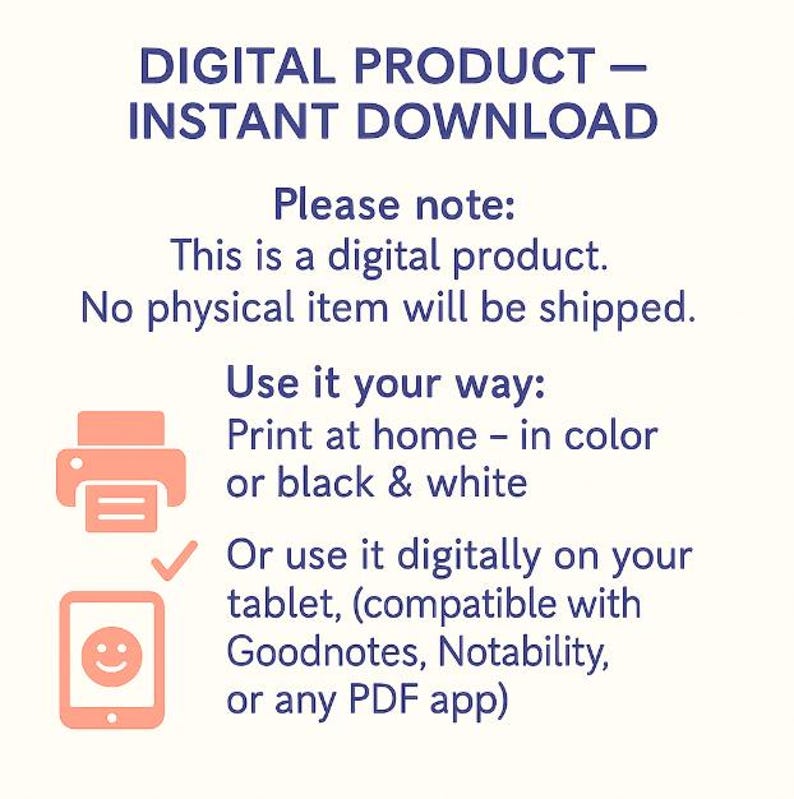 Pu&ograve; includere: Grafica per il download immediato di prodotti digitali con testo blu e pesca. Il testo recita: "PRODOTTO DIGITALE - DOWNLOAD IMMEDIATO". Indica inoltre che si tratta di un prodotto digitale e che nessun articolo fisico verr&agrave; spedito.