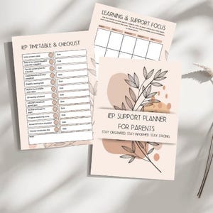 Pu&ograve; includere: Set di pianificatore di tre pagine con una tavolozza di colori neutri. Le pagine includono un calendario e un elenco di controllo IEP, un grafico di concentrazione sull'apprendimento e sul supporto e un pianificatore di supporto IEP per i genitori. Il pianificatore ha un design floreale.