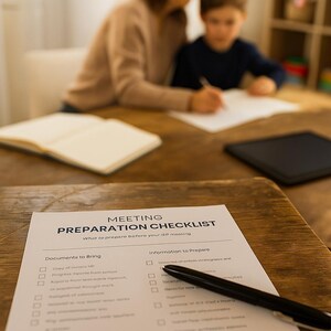 May include: A wooden table with a "MEETING PREPARATION CHECKLIST" document and a black pen. The checklist includes sections for documents to bring and information to prepare. In the background, a person and a child are seated at the table.
