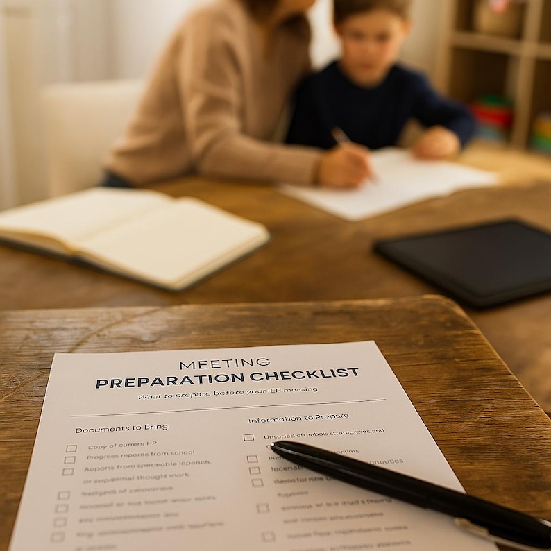 May include: A wooden table with a "MEETING PREPARATION CHECKLIST" document and a black pen. The checklist includes sections for documents to bring and information to prepare. In the background, a person and a child are seated at the table.