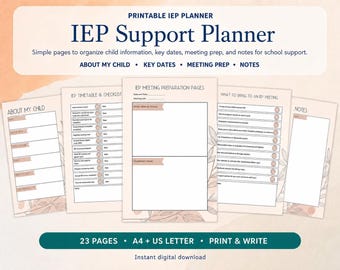 May include: A printable IEP Support Planner featuring 23 pages in A4 and US Letter sizes. The document includes sections for About My Child, Key Dates, Meeting Prep, and Notes, with a light peach background and botanical line art accents.