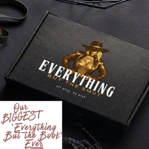Può includere: Scatola nera con la scritta "EVERYTHING BUT THE SMUT" e l'illustrazione di una donna con un cappello. Il testo "all play, no plot" è sotto. Un'immagine più piccola dice "Our BIGGEST 'Everything But the Book' Ever."