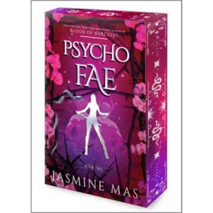 May include: A rectangular book titled Psycho Fae by Jasmine Mas, book two. The cover features a white silhouette of a person against a vibrant purple and red background with black thorny vines, pink floral accents, and white star-like symbols.