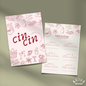 Può includere: Due biglietti a tema vino con illustrazioni rosse su sfondo rosa chiaro. Un biglietto dice "cin cin" e "La vita è bella". L'altro biglietto è un tabellone di valutazione della degustazione di vini. I biglietti presentano illustrazioni di bottiglie di vino, bicchieri e frutta.