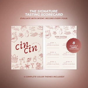 May include: Two wine tasting scorecards with cream backgrounds and dark red line art illustrations of food and drink. The left card features the text cin cin, while the right card includes fields for wine notes and a badge stating 8 editable canva templates.