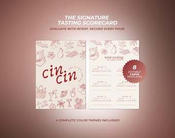 May include: Two wine tasting scorecards with cream backgrounds and dark red line art illustrations of food and drink. The left card features the text cin cin, while the right card includes fields for wine notes and a badge stating 8 editable canva templates.