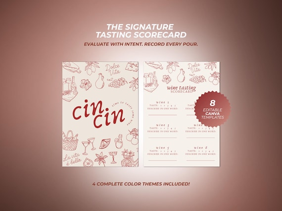 Wine Tasting Scorecard & Rating Sheet | Blind Wine Tasting Party | Sommelier Notes | Minimalist Editable Canva Template