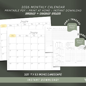 Op de afbeelding: Een afdrukbare maandkalender voor 2026 met een start op zondag en maandag. Het ontwerp bevat bonuspagina's voor een gewoontetracker en budgettracker. De kalender is 27,9 x 21,6 cm groot.