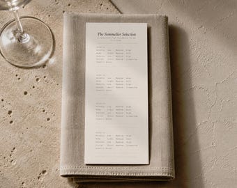 Mall för poängkort för lyxig vinprovning | Minimalistisk meny för sommelier för brudpar | Ramverk för Wabi-Sabi-repetitionsmiddag | Boho chic provningsrutnät