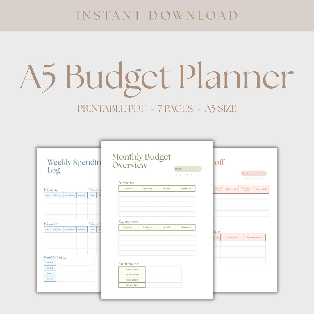 Printable A5 Budget Planner PDF – 7 Page Money Organizer for Bills ...