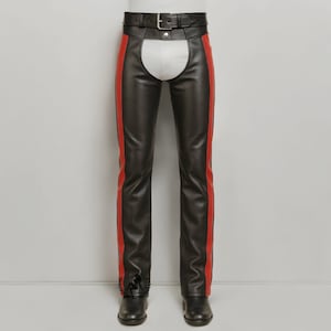 Genuine Leather Red Stripe Chaps Pants with Belt | Handmade Leather Chaps Pant| Unisex Cowboy Biker Outfit | Rave Wear | Fetish Trousers