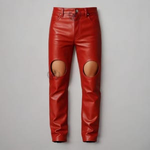 Red Leather Pants with Knee Cut-Outs | Handmade Genuine Leather Trousers | Unisex Streetwear Pant | Halloween Rave Wear | Fetish Trousers