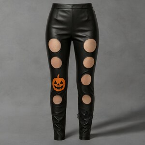 Black Leather Pants with Halloween Pumpkin Printed Emblem | Handmade Unisex Leather Pant | Trendy Fashion or Cutout Design | Halloween Pant