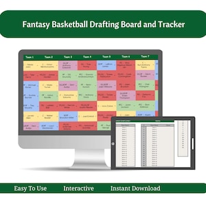 Könnte beinhalten: Ein digitales Fantasy-Basketball-Draft-Board und Tracker, das auf einem Computermonitor und Tablet angezeigt wird. Der Monitor zeigt ein farbenfrohes Raster mit Teamnamen und Spielerinformationen. Der Text enthält "2025 DRAFT" und "PICK 1" bis "PICK 6".