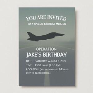 Invitation d'anniversaire militaire | Modèle de toile modifiable | Soirée avion de chasse | Anniversaire du pilote | Téléchargement numérique | Carte d'anniversaire imprimable