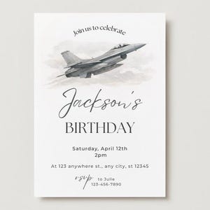 Fighter Jet Birthday Invitation: Military Pilot Party, Editable Canva Template (Digital Download)