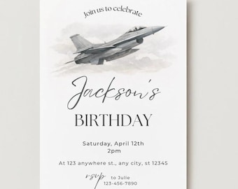Fighter Jet Birthday Invitation: Military Pilot Party, Editable Canva Template (Digital Download)