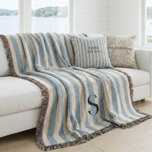 Personalized Coastal Throw Blanket & Pillows Set Beach House Decor Lake house nautical Hamptons Style Custom Monogram Home Location Family