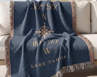 Custom Coordinates Gift Location Lake House Beach Cabin Yacht Boat Decor Woven Throw Blanket Wedding Housewarming Anniversary Hostess Gift