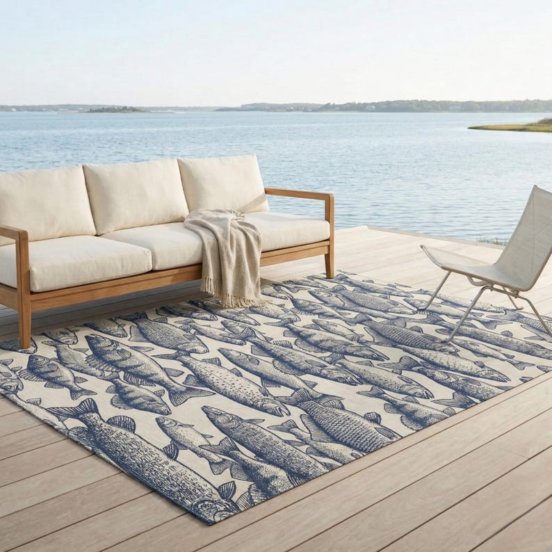 Outdoor Rugs With Fish Fish Rug – Lake House Outdoor Rug, Fishing Cabin Decor, Non Slip ...
