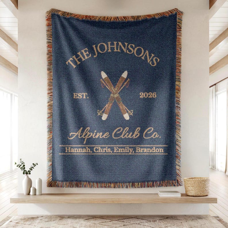 Personalized alpine blanket with family name and establishment year woven into cotton throw design, alpine ski club design in navy , beautiful wall decor and home textile