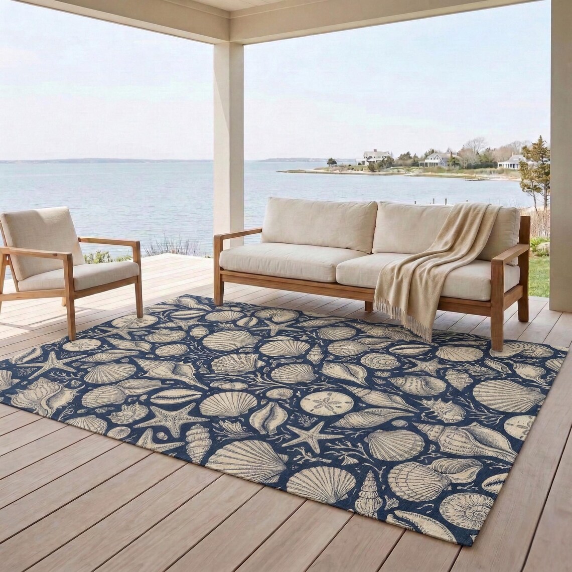 Sea Shell Patern Rug Seashell Rug – Coastal Outdoor Rug, Nautical Porch Carpet, Beach House ...