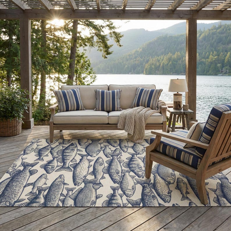 Outdoor Fish Rug Patterns Fish Rug – Lake House Outdoor Rug, Fishing Cabin Decor, Non Slip ...