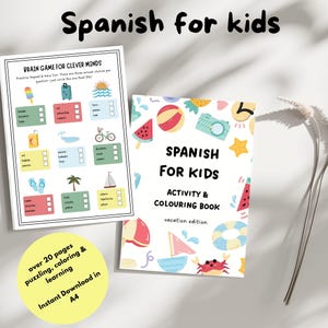 Spanish for Kids Printable Activity Book, English Spanish Bilingual Learning PDF, Vocabulary Workbook Coloring Pages, Homeschool Travel Game